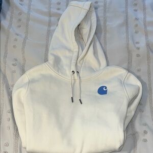 Carhartt White Hoodie with Blue Sleeve Logo